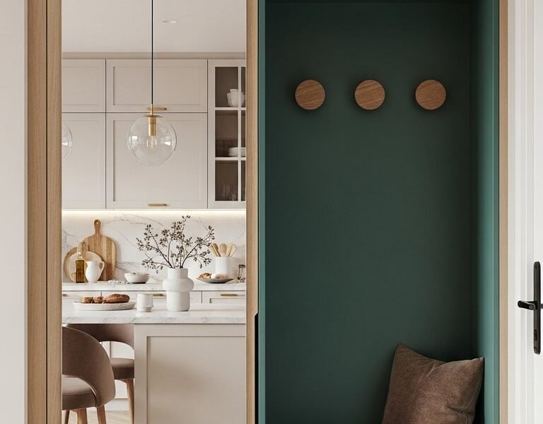 Miroir intégré dans un placard d entrée en bois avec une niche banc bleu vert