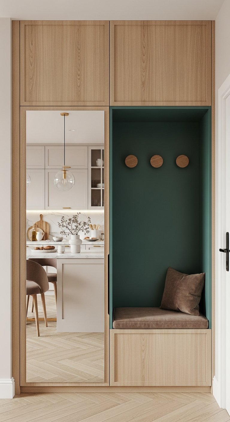 Miroir intégré dans un placard d entrée en bois avec une niche banc bleu vert