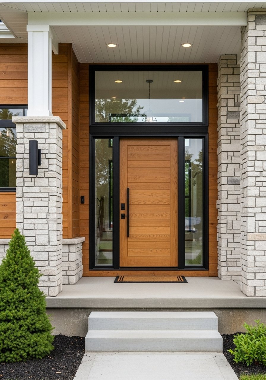 Porte bois clair cadre noir moderne