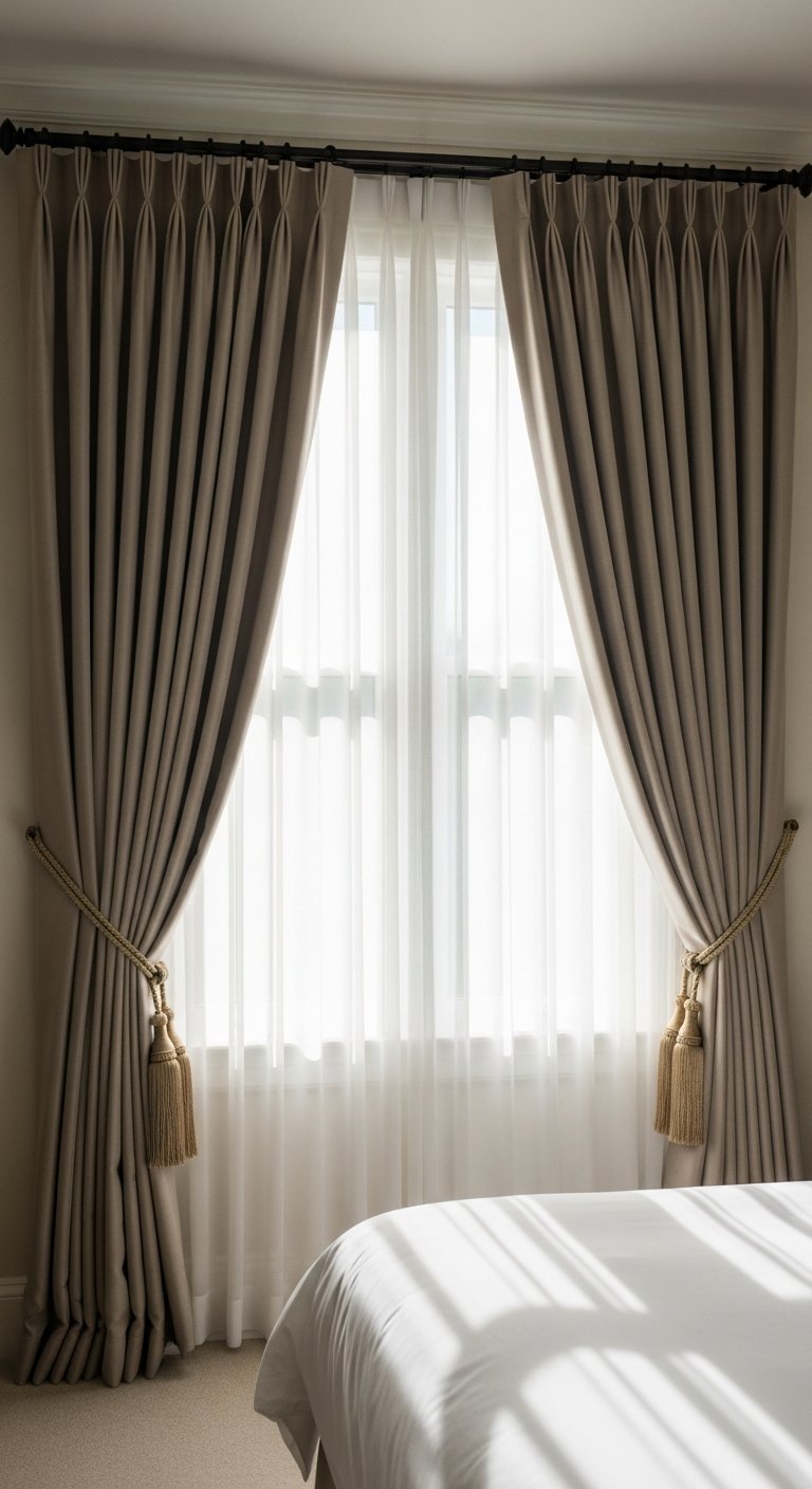 Rideaux de salon beiges a plis avec embrasses a pompons dorees