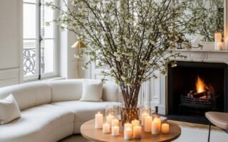 Salon style parisien avec fleurs géantes et bougies sol