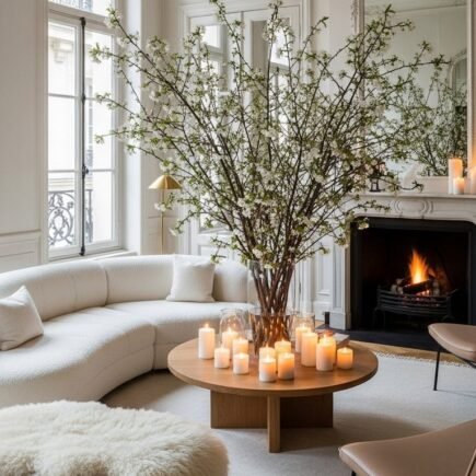 Salon style parisien avec fleurs géantes et bougies sol