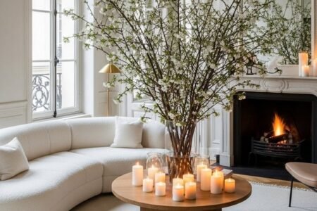 Salon style parisien avec fleurs géantes et bougies sol