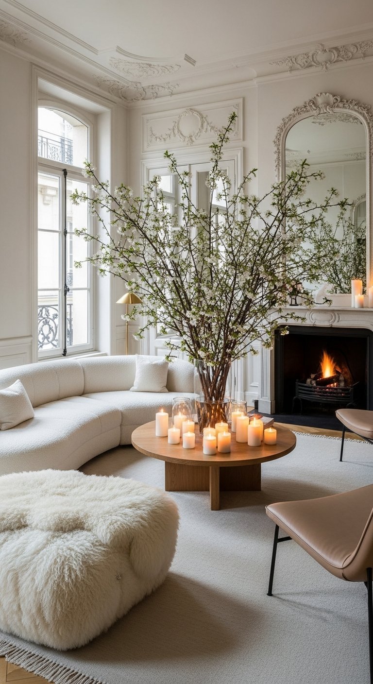 Salon style parisien avec fleurs géantes et bougies sol