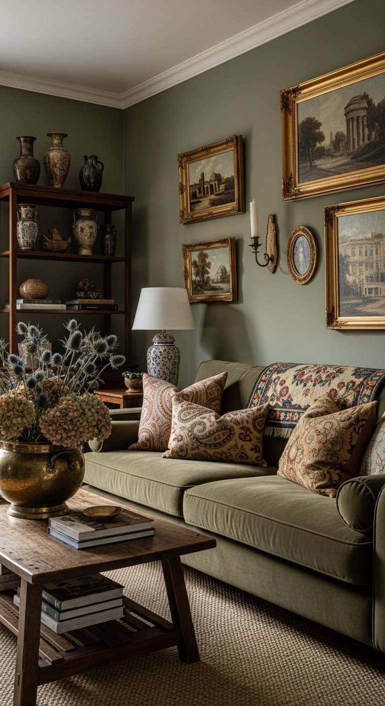Salon traditionnel avec canape vert olive et mur d accent avec tableaux d art