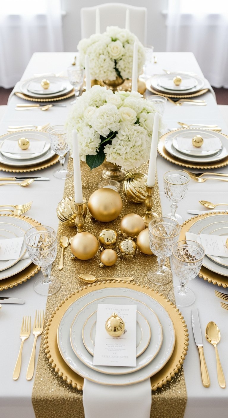 Table de Noel blanche avec chemin de table dore a paillettes et hydrangeas