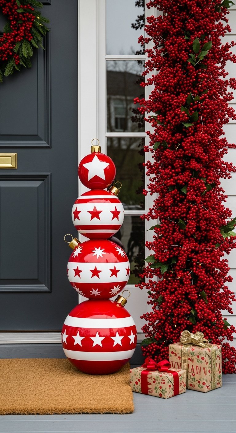 Totem de boules de Noël rouges et blanches avec guirlande de baies