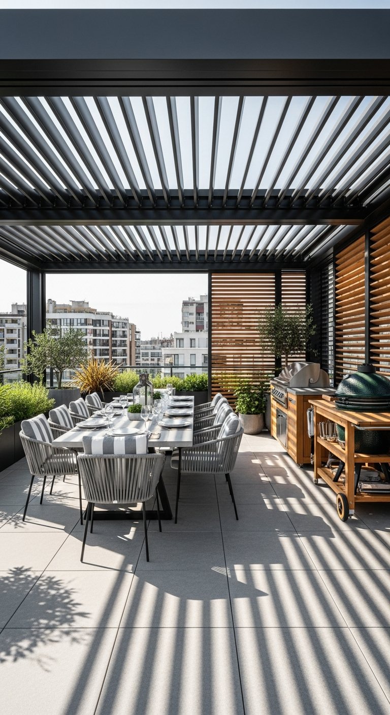 Véranda terrasse sur rooftop avec cuisine d été et vue sur la ville
