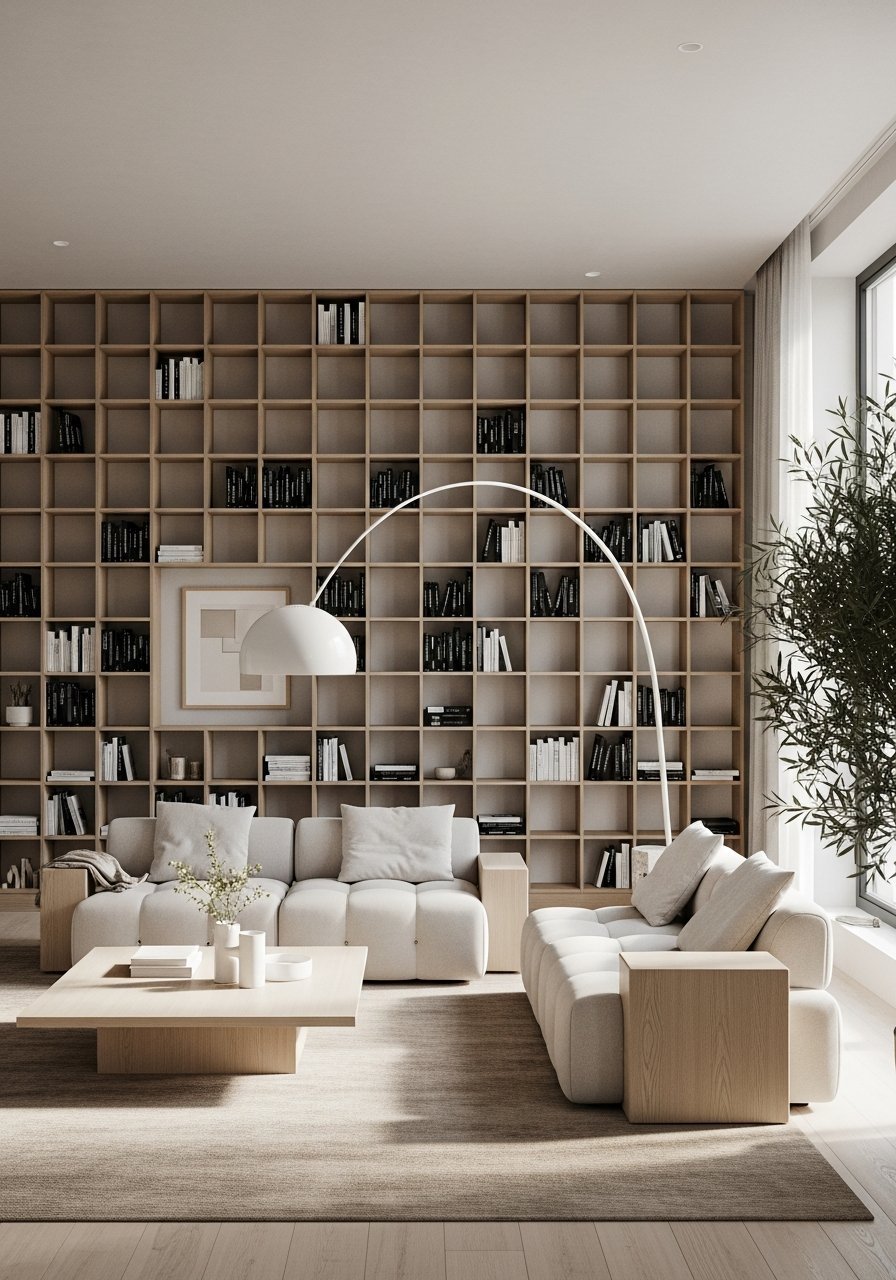 bibliotheque murale bois salon