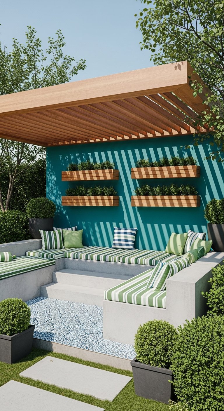 Banquette d angle en béton sur terrasse avec mur bleu vert et coussins rayés