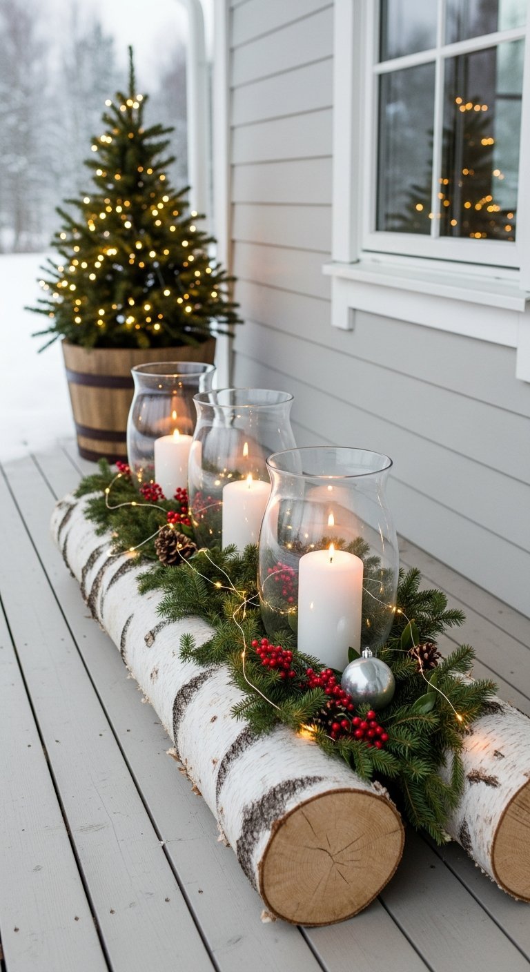 Bûche de bouleau décorée de bougies et verdure de Noël