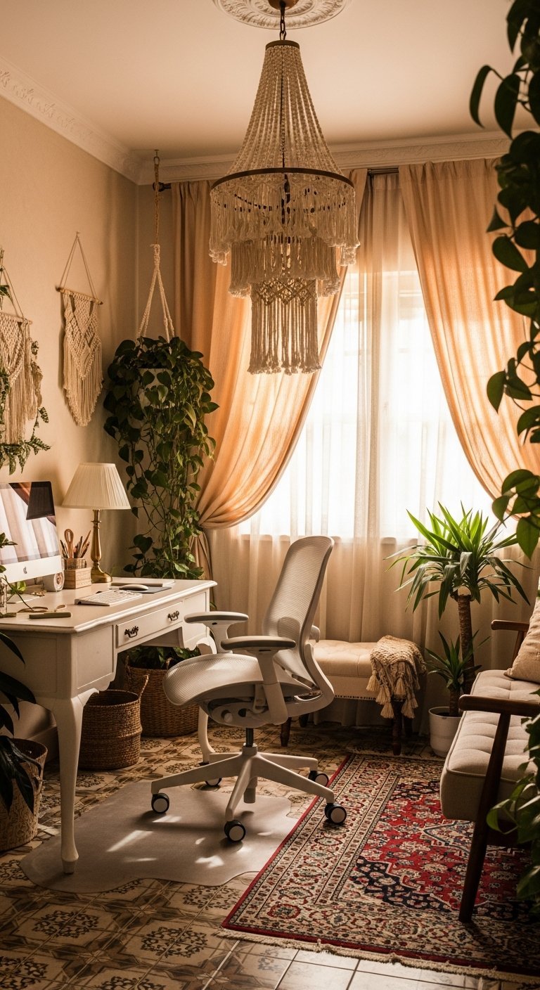 Bureau de travail à la maison lustre bohème et tapis persan