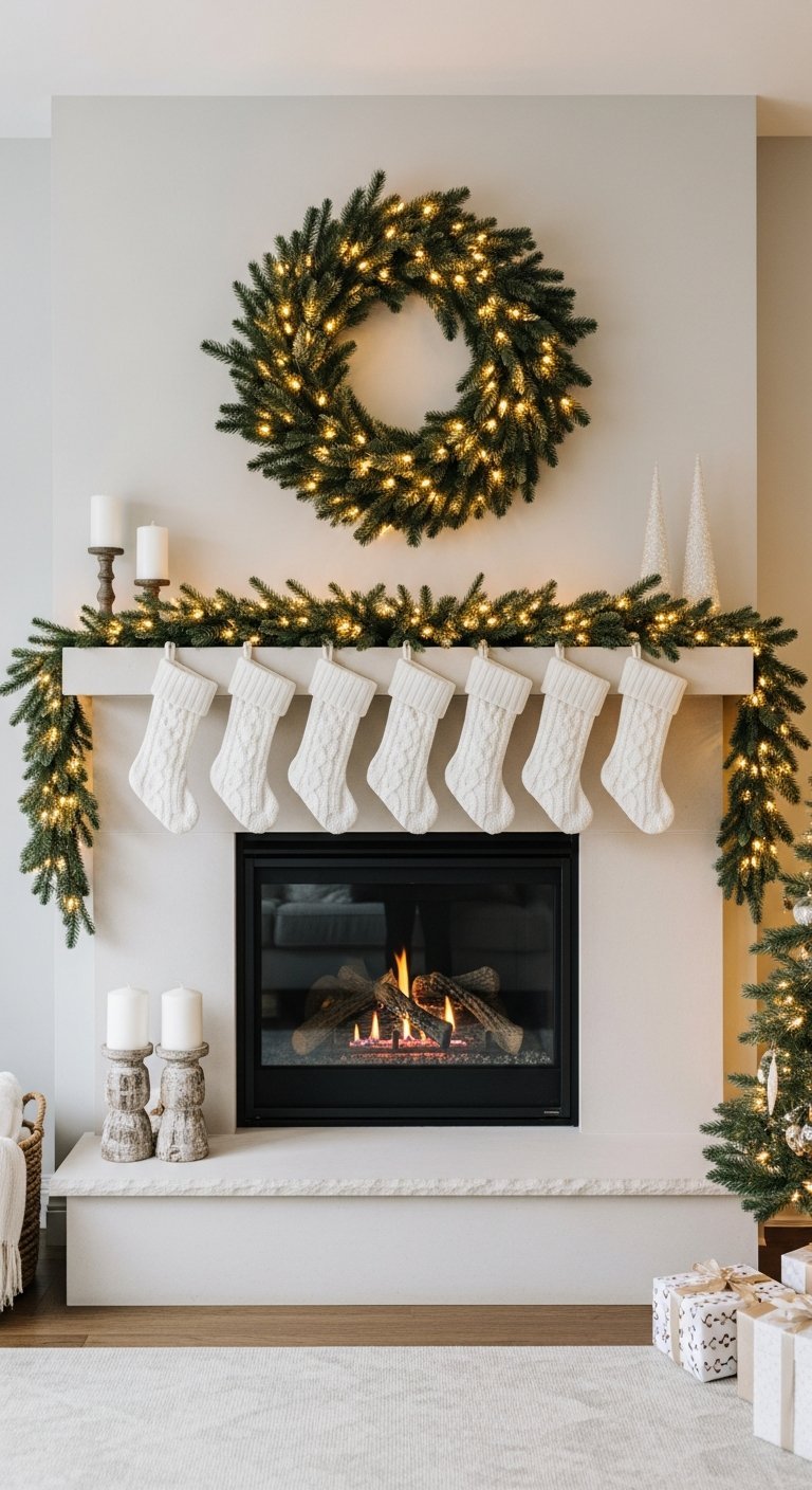 Cheminee moderne blanche avec couronne lumineuse et sept chaussettes blanches