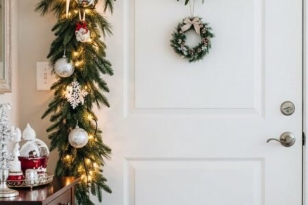 Coin d entrée avec une porte blanche encadrée d une guirlande de Noël et de gui suspendu