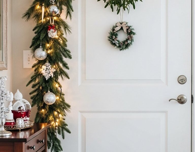 Coin d entrée avec une porte blanche encadrée d une guirlande de Noël et de gui suspendu