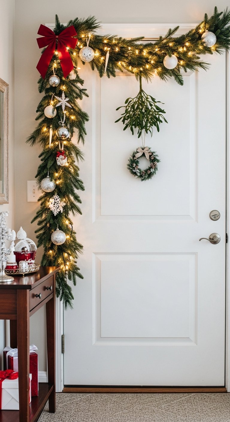 Coin d entrée avec une porte blanche encadrée d une guirlande de Noël et de gui suspendu