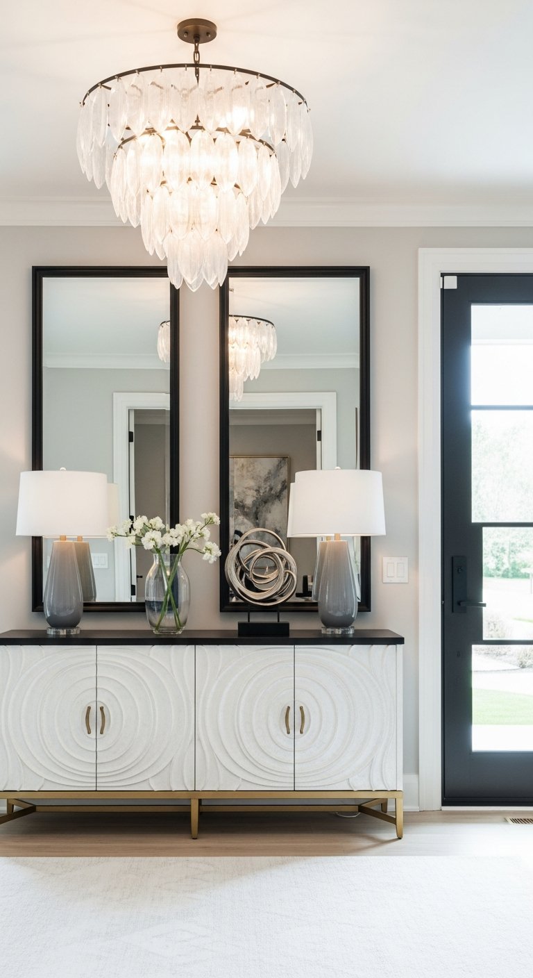 Console blanche texturee avec deux miroirs noirs et un grand lustre