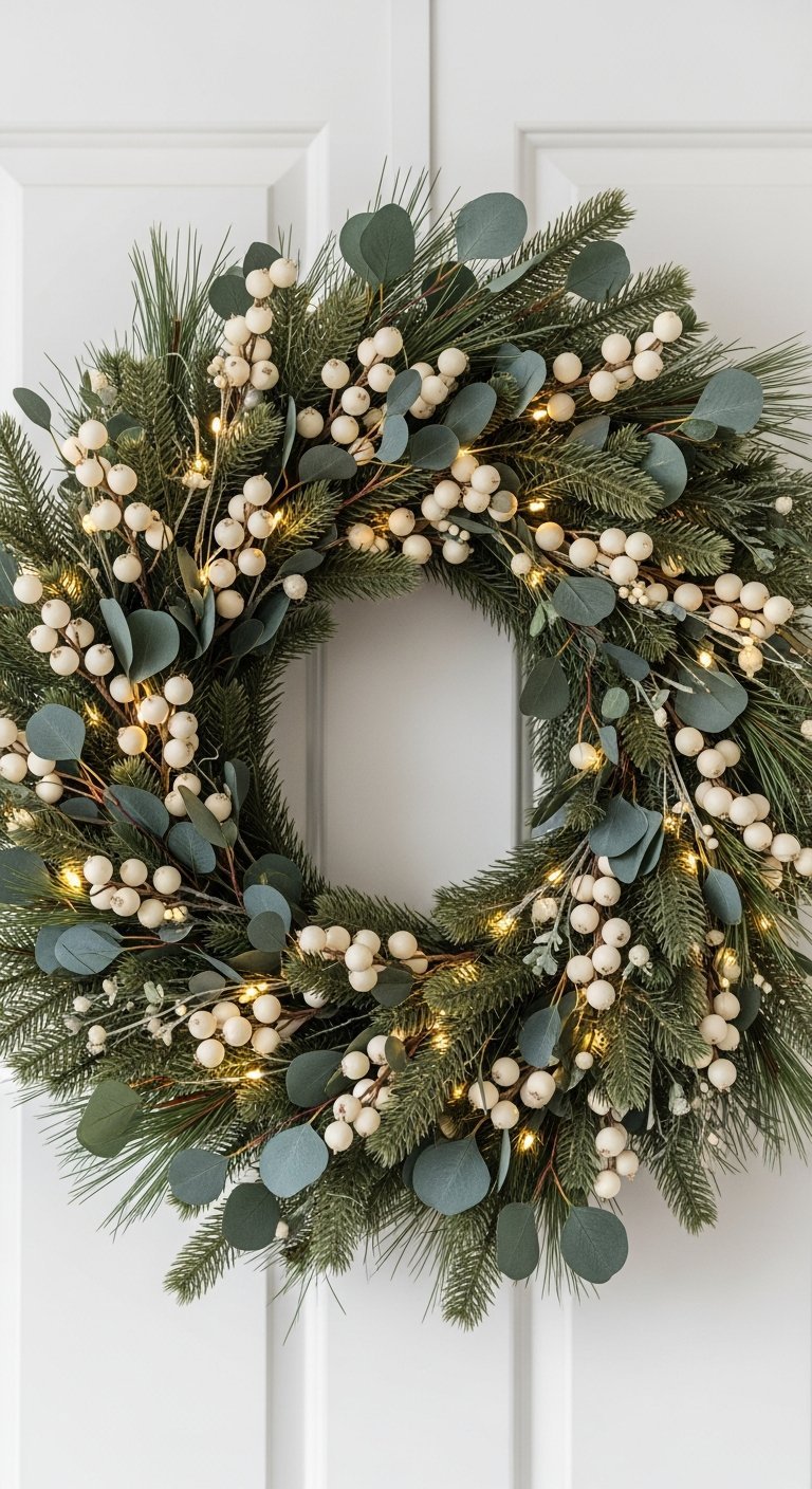Couronne de Noel moderne avec feuilles d eucalyptus baies blanches et guirlande lumineuse