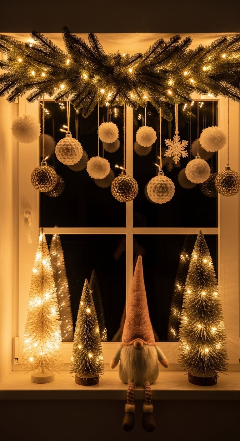 Déco de fenêtre de nuit avec gnome sapins lumineux et boules dorées