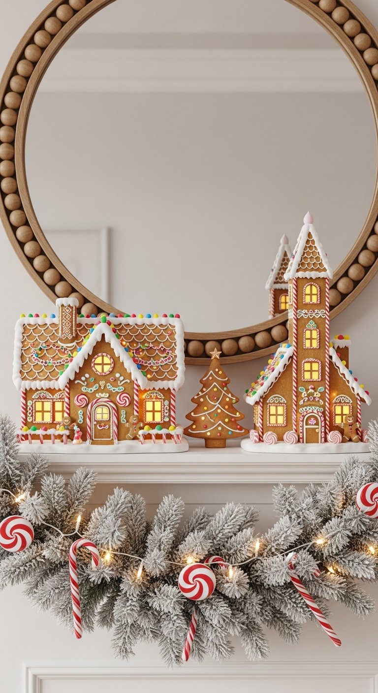Décoration de cheminée avec maisons en pain d épice lumineuses