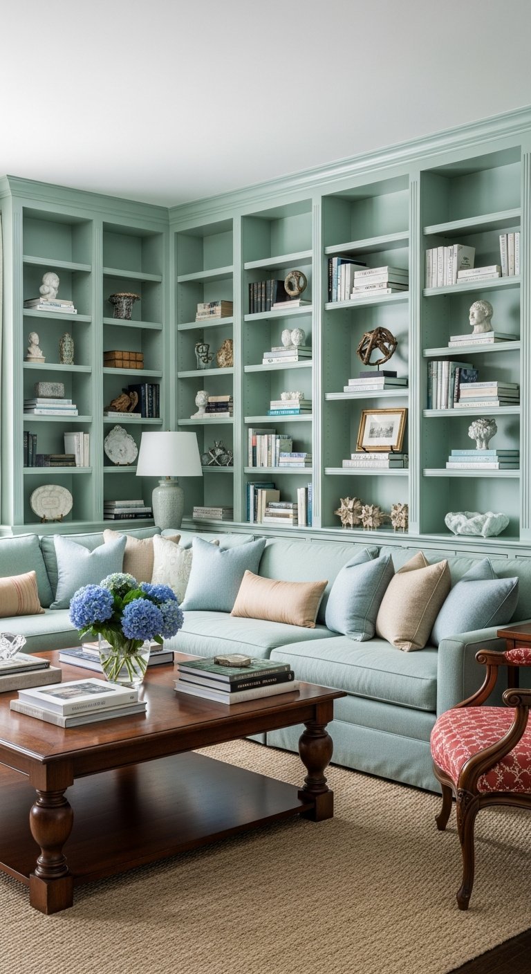 Grand salon avec bibliotheque murale integree peinte en vert de gris et canape assorti