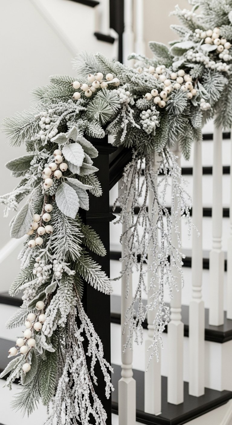 Gros plan sur guirlande de noël floquée avec baies blanches et feuilles givrées