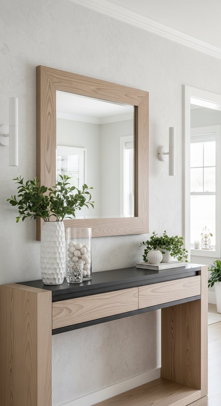 Miroir carré avec cadre en bois épais au dessus d une console en bois