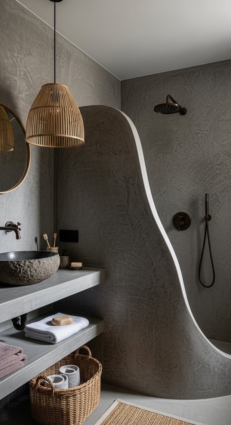 Mur courbe en beton cire gris avec vasque en pierre et suspension rotin