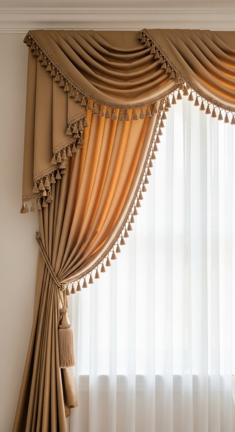 Rideau de salon dore opulent avec cantonniere et passementerie