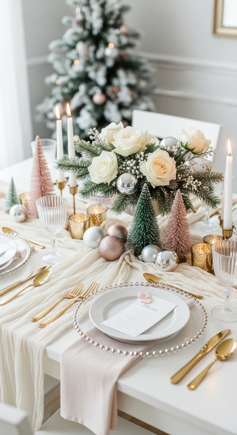 Table de Noel blanche avec touches de rose pastel et or