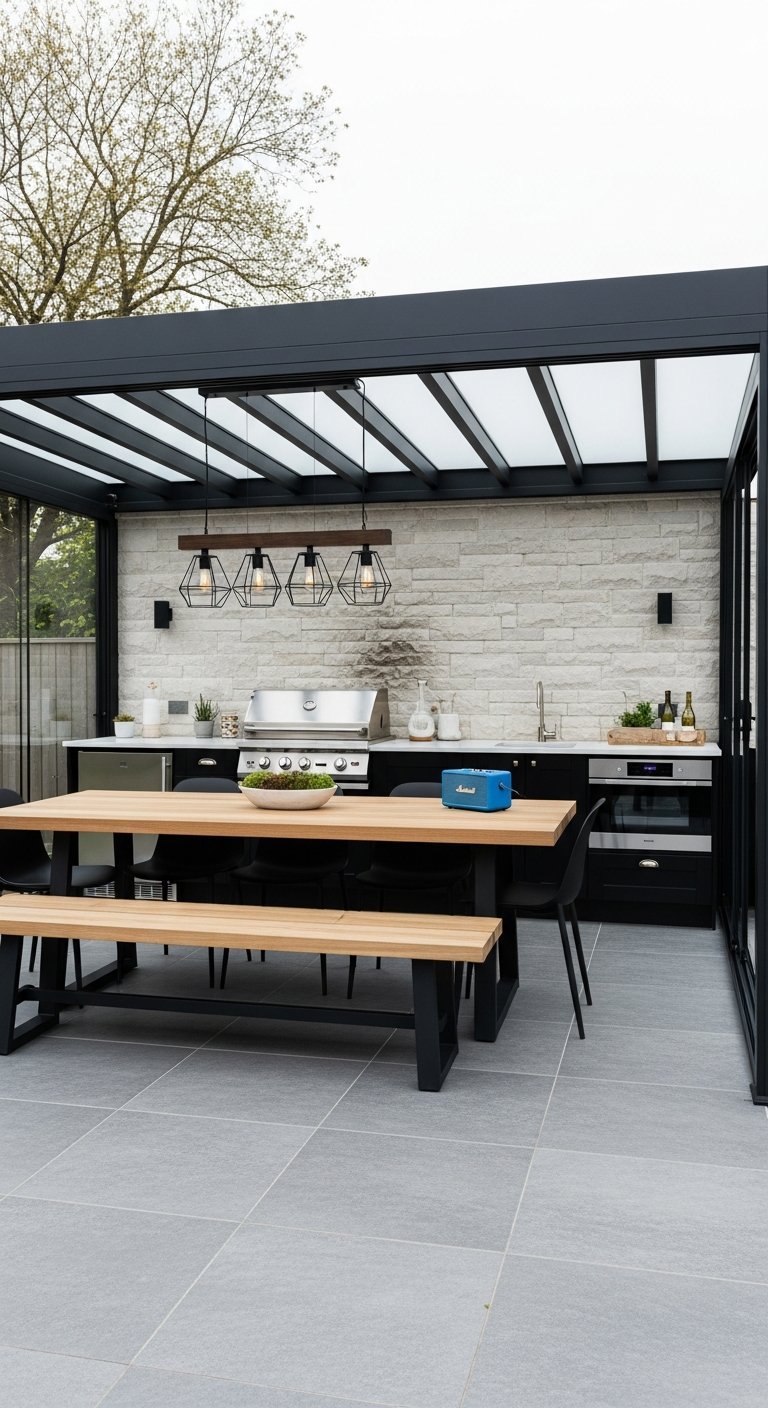 Véranda terrasse moderne avec cuisine extérieure complète et table en bois