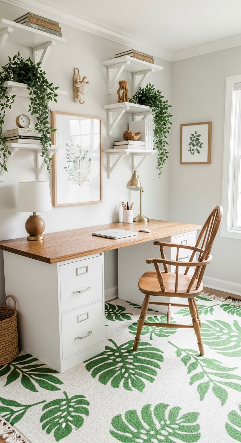 Bureau de travail à la maison tapis feuilles vertes et plantes
