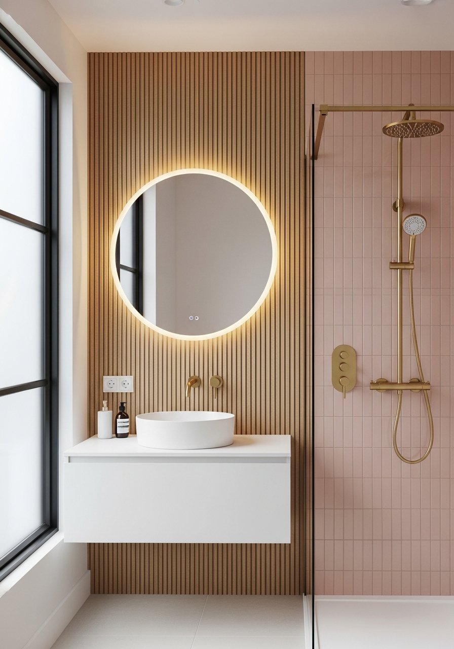 Carrelage rose tasseaux bois