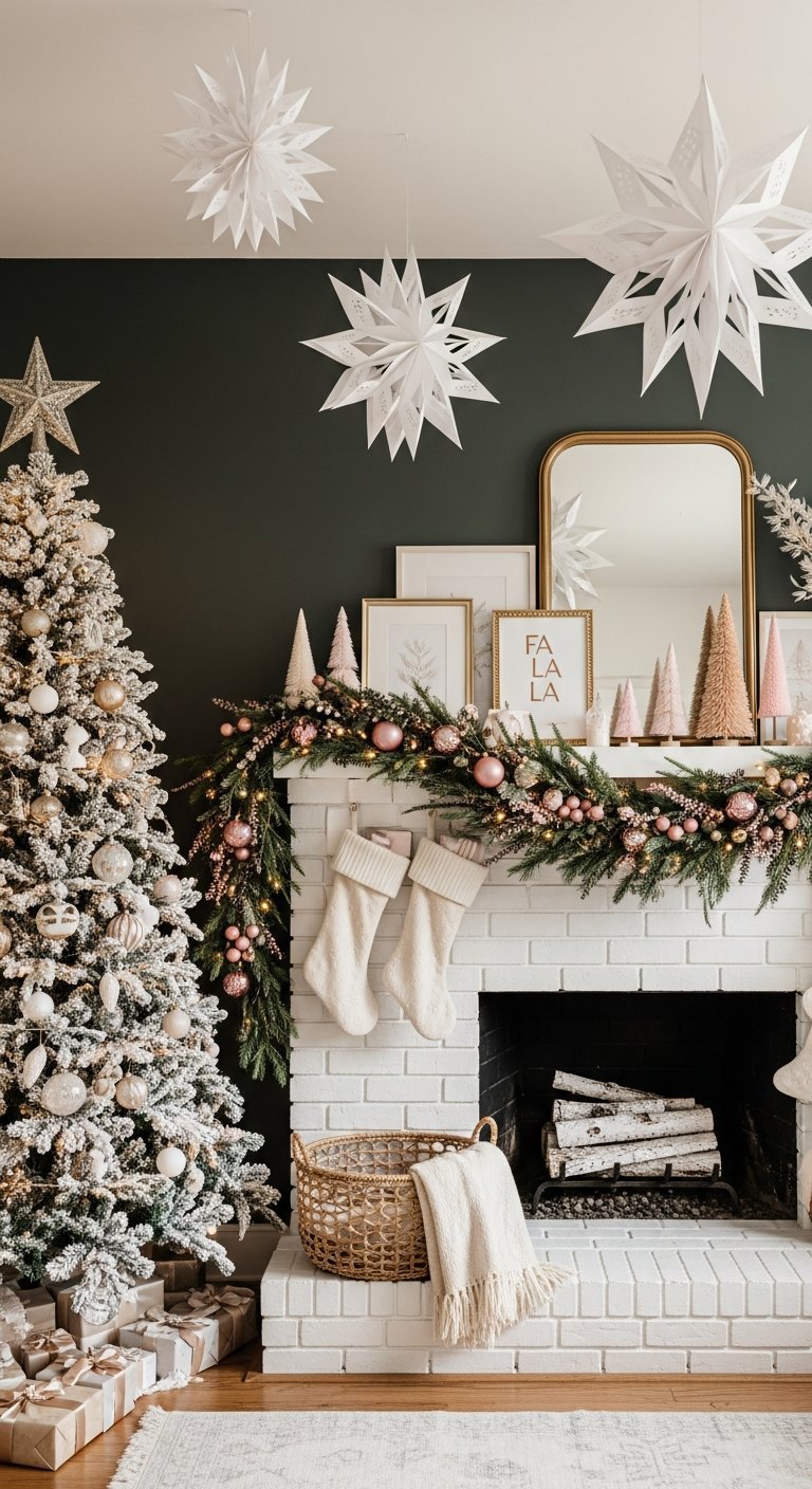 Cheminee blanche sur mur vert fonce avec decorations de Noel roses