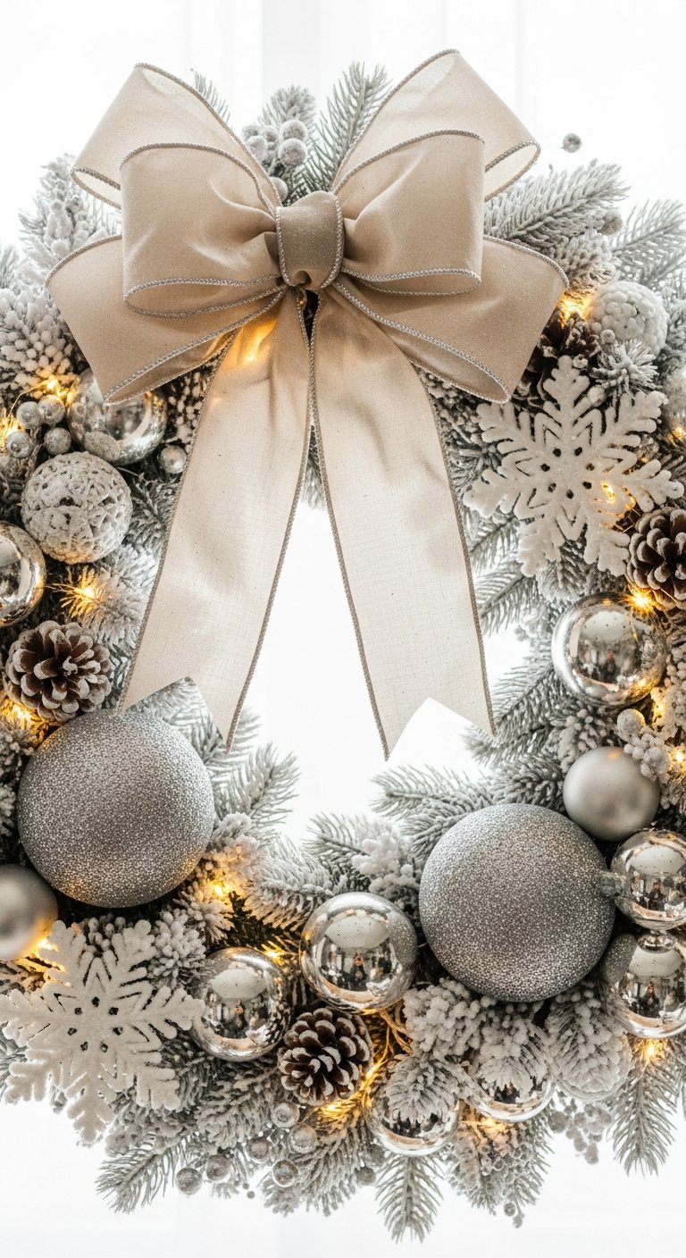 Couronne de Noel moderne floquee de neige avec boules argentees et grand noeud beige