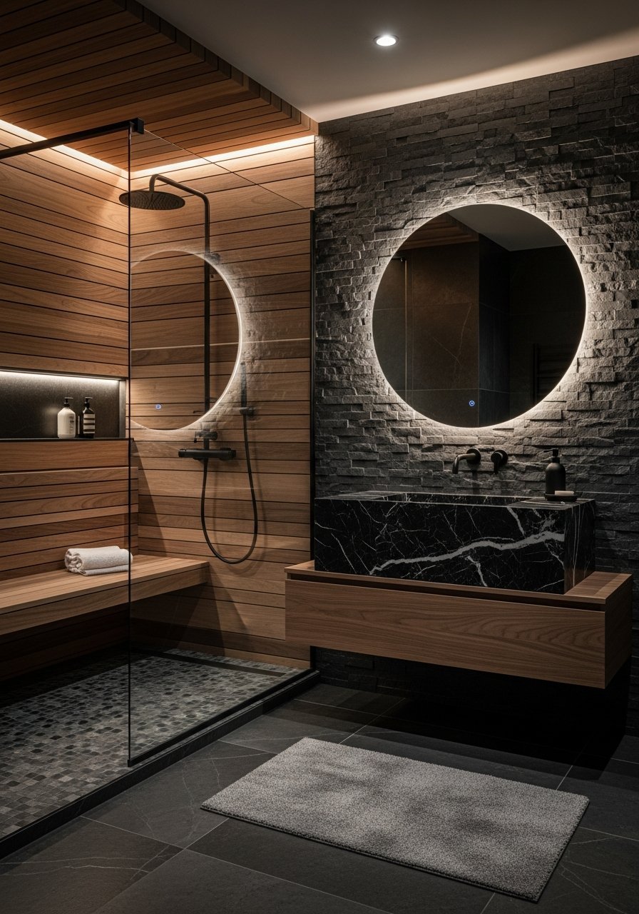 Douche verriere interieur imitation bois