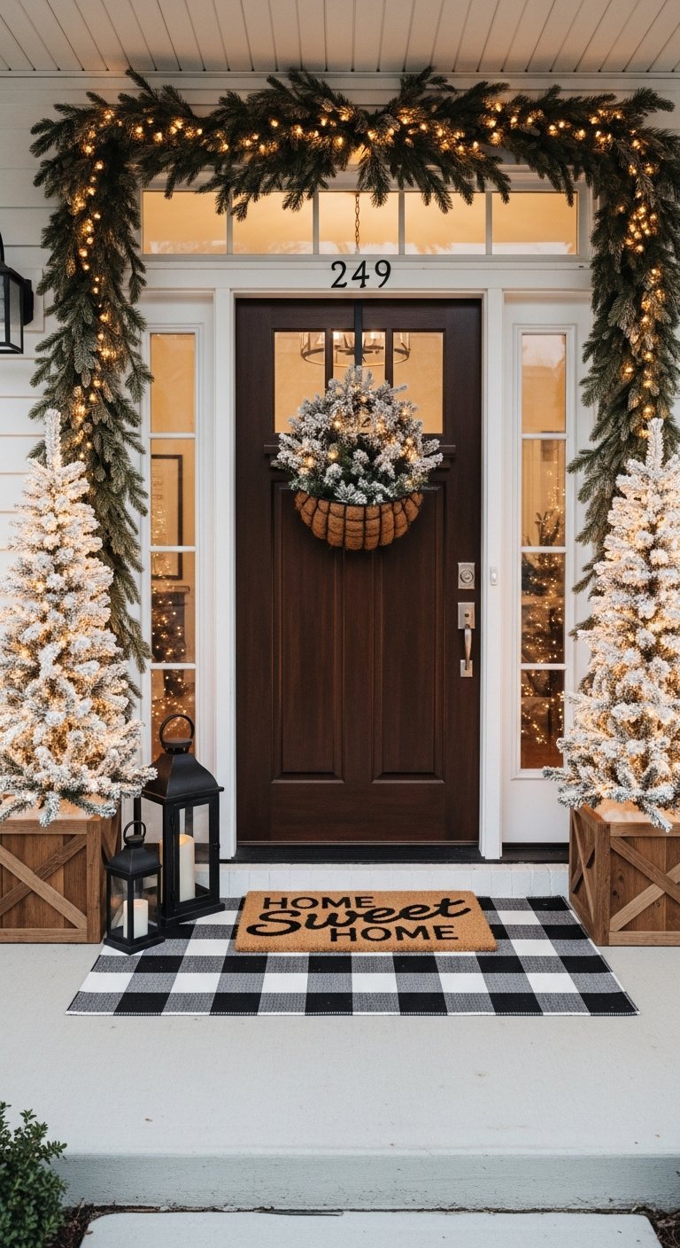 Entrée style ferme moderne avec sapins floqués en caisses de bois