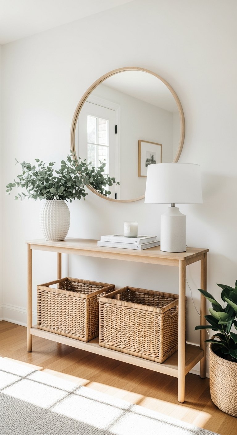 Miroir rond cadre bois clair au dessus d une console en bois avec paniers