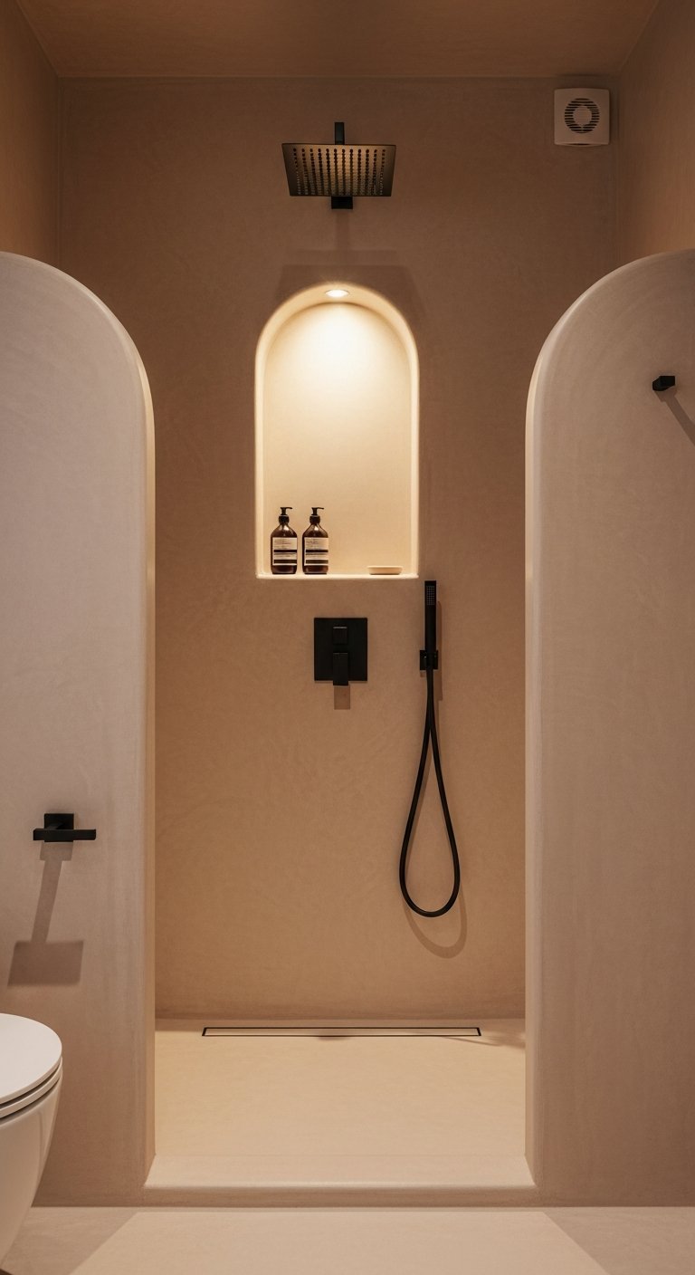 Niche de douche en forme d arche eclairee dans salle de bain en tadelakt beige