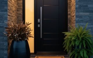 Porte noire moderne vitre jaune