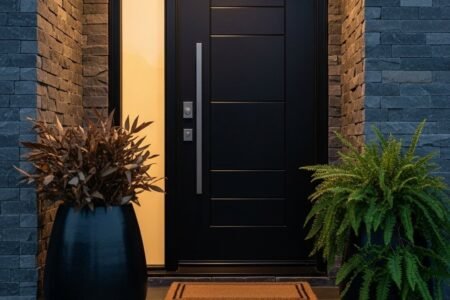 Porte noire moderne vitre jaune