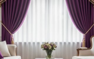 Rideaux de salon violets fonces avec cantonniere doree