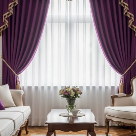 Rideaux de salon violets fonces avec cantonniere doree