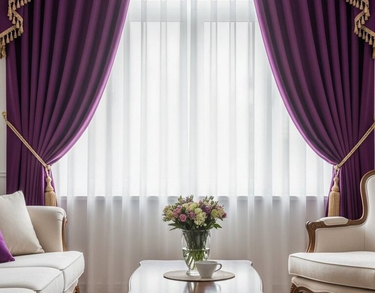 Rideaux de salon violets fonces avec cantonniere doree