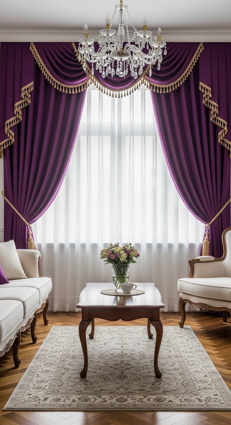 Rideaux de salon violets fonces avec cantonniere doree