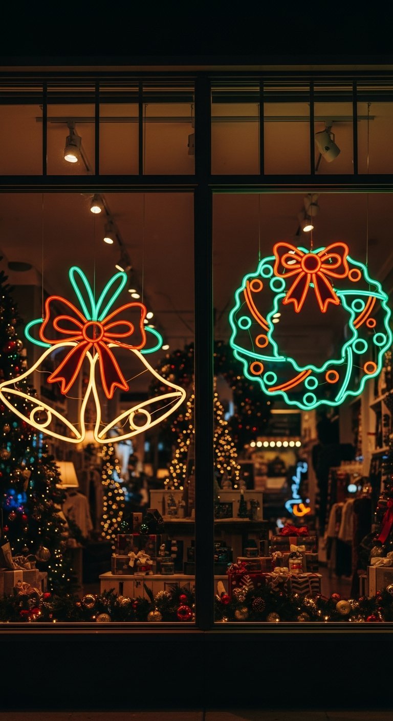 Signes néon de Noël en forme de cloche et de couronne sur une vitrine