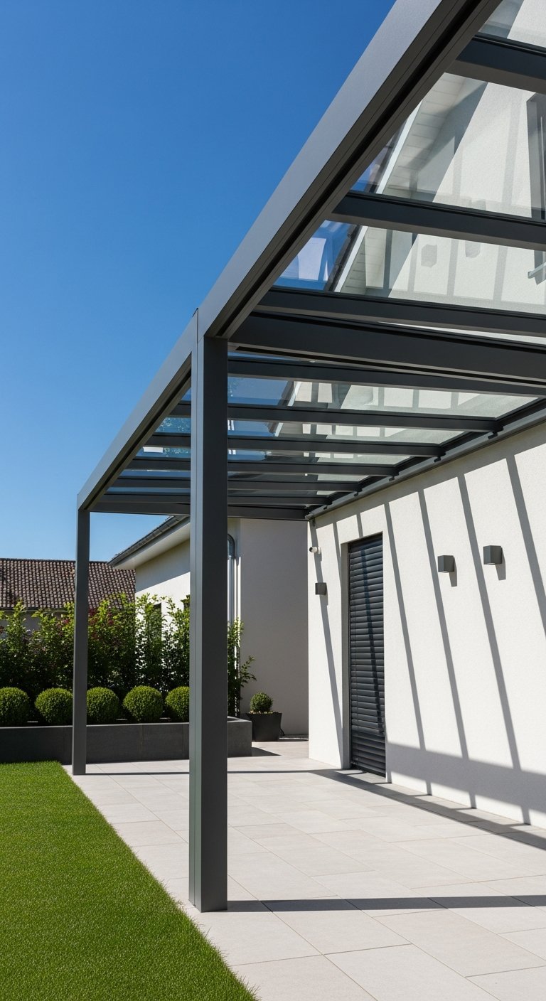 Structure de véranda terrasse minimaliste grise avec toit en verre