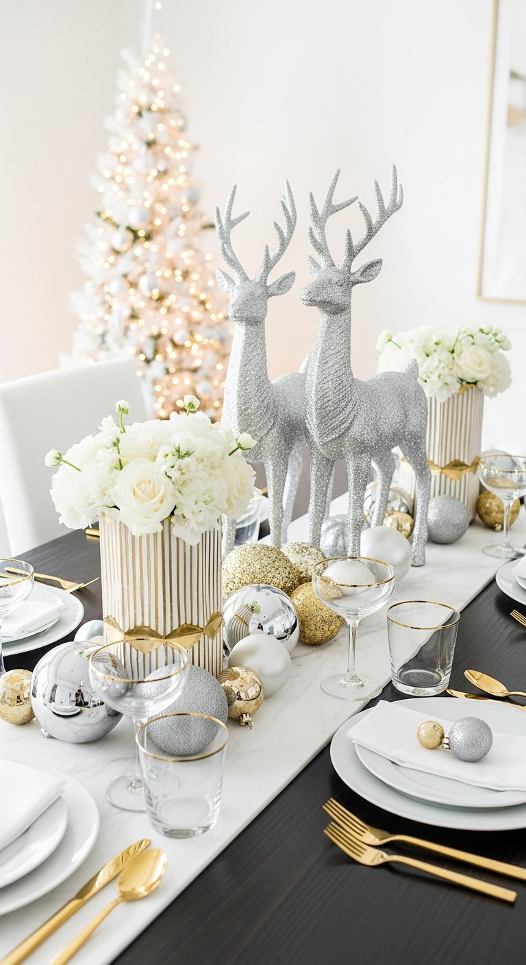 Table de Noel foncee avec chemin de table blanc et rennes argentes