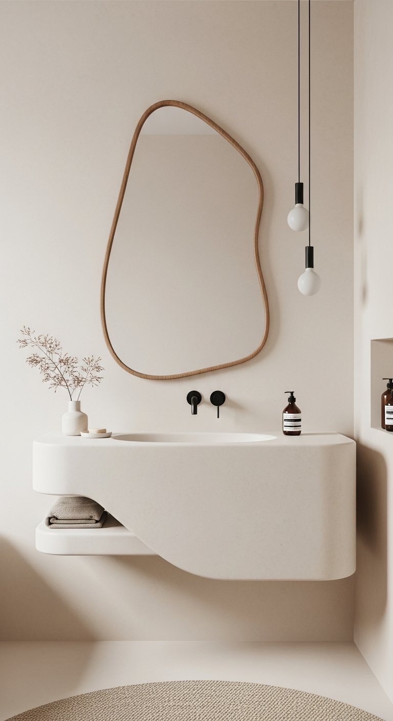 Vasque sculptee en beton cire creme avec miroir organique