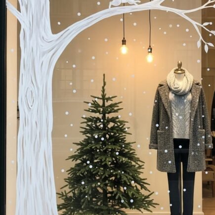 Vitrine de magasin de mode avec mannequin et sticker d arbre blanc